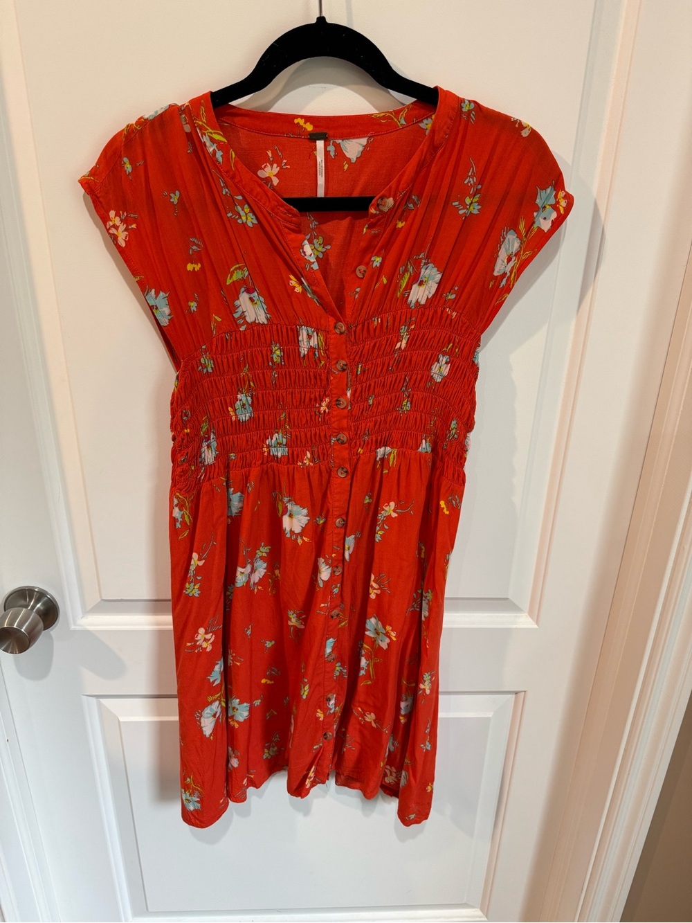Free People Orange Floral Smocked Button Mini Dress